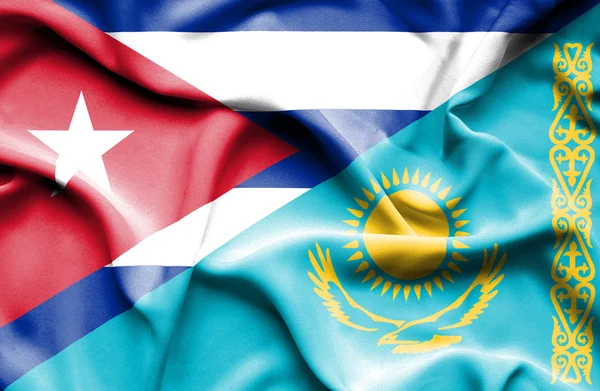 Waving flag of Kazakhstan and Cuba — Stock Photo, Image