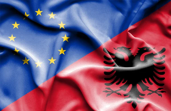 Waving flag of Albania and EU — Stock Photo, Image