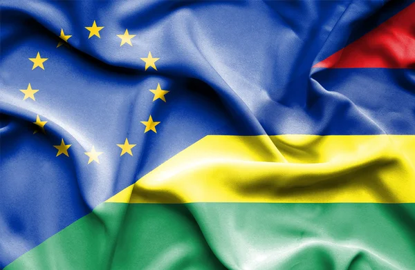 Bandeira ondulada da Maurícia e da UE — Fotografia de Stock
