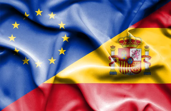 Bandiera sventolante di Spagna e UE — Foto Stock