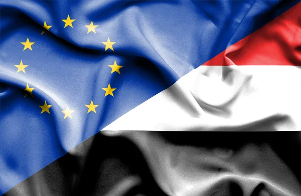 Waving flag of Yemen and EU — Stock Photo, Image