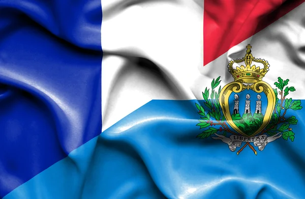 Waving flag of San Marino and France — Stock Photo, Image