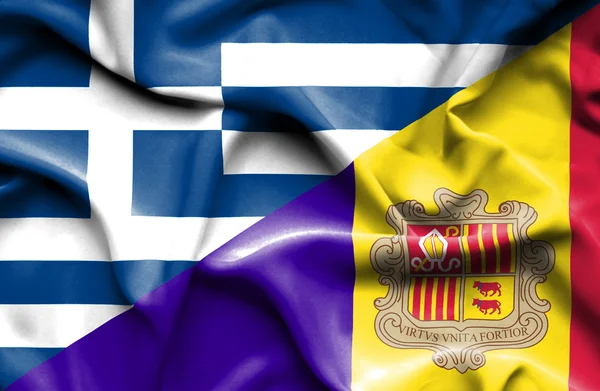 Waving flag of Andorra and Greece — Stock Photo, Image