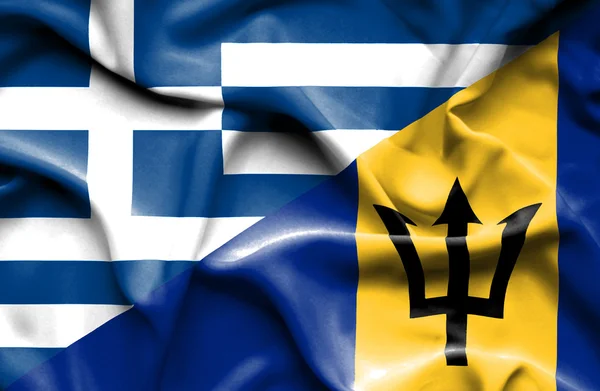 Mávání vlajkou Barbadosu a Řecko — Stock fotografie