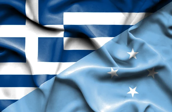 Waving flag of Micronesia and Greece — Stock Photo, Image