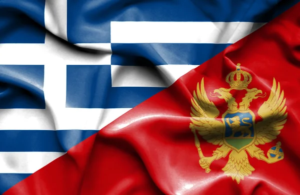 Waving flag of Montenegro and Greece — Stock Photo, Image