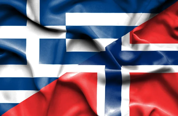 Bandera ondeante de Noruega y Grecia — Foto de Stock