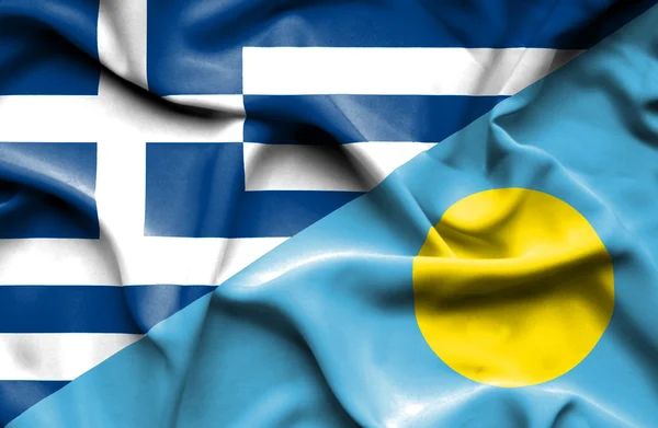 Waving flag of Palau and  Greece — Stock Photo, Image