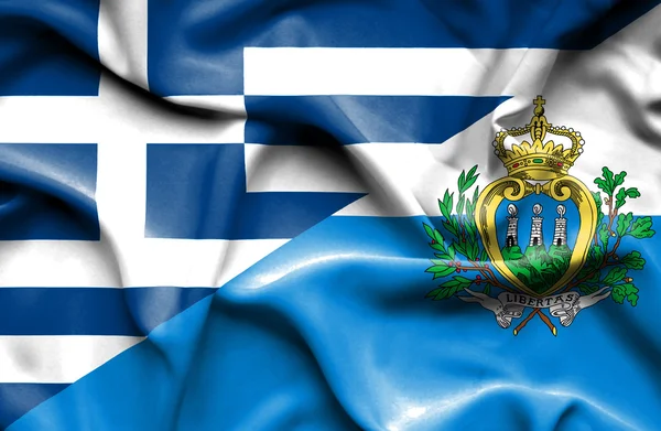 Flagge von San Marino und Griechenland schwenken — Stockfoto