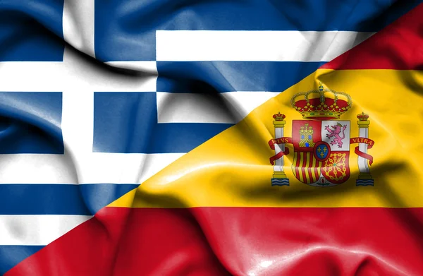 Waving flag of Spain and Greece — Stock Photo, Image