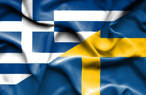 Waving flag of Sweden and Greece — Stock Photo, Image