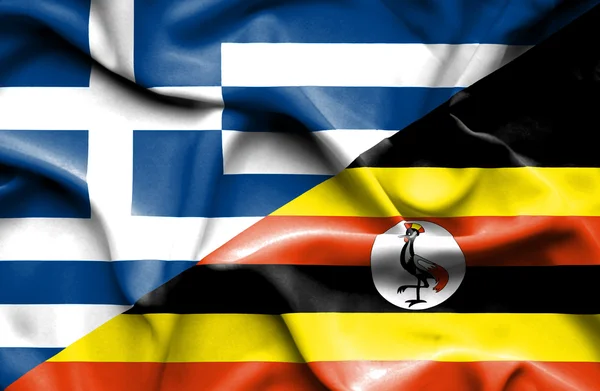 ウガンダ、ギリシャの旗を振っています。 — ストック写真