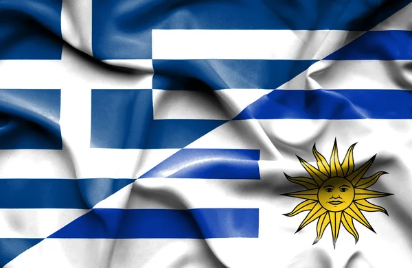Waving flag of Uruguay and Greece — Stock Photo, Image