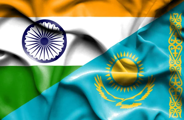 Kazakstan och Indien vajande flagga — Stockfoto