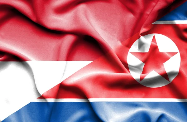 Bandera ondeante de Corea del Norte e Indonesia — Foto de Stock