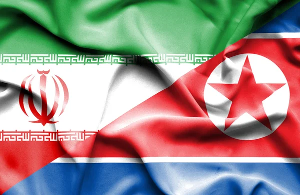 Brandissant le drapeau de l'Iran la Corée du Nord — Photo