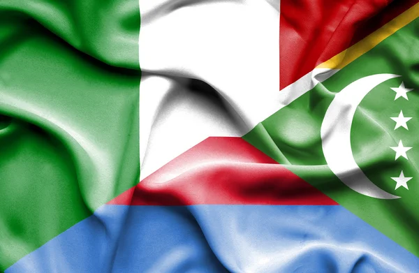 Waving flag of Comoros and Italy — Stock Photo, Image