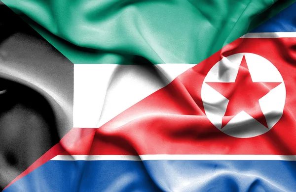Bandeira acenando da Coréia do Norte e Kuwait — Fotografia de Stock