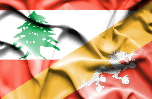 Vlající vlajka Bhútánu a Libanon — Stock fotografie