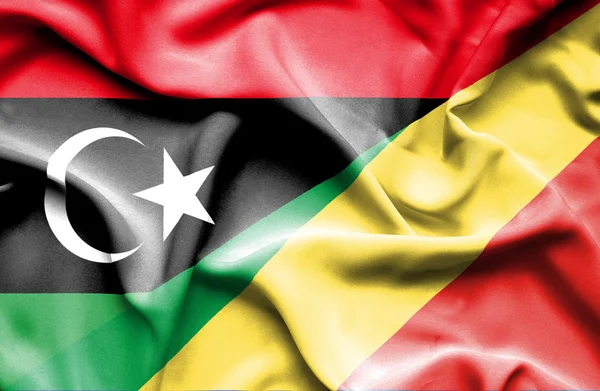 Vlající vlajka republiky Kongo a Libye — Stock fotografie