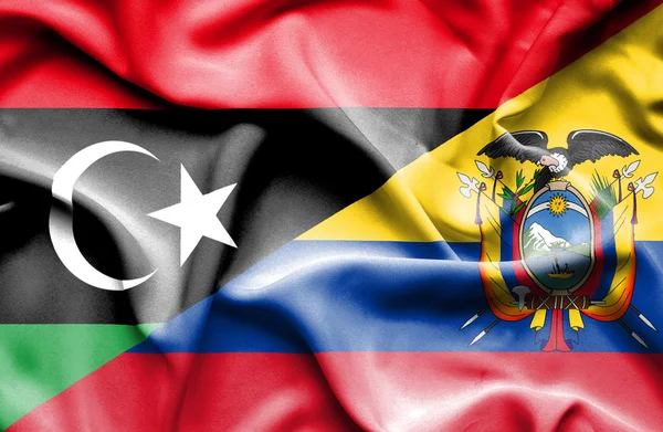 Vlající vlajka Ekvádoru a Libye — Stock fotografie