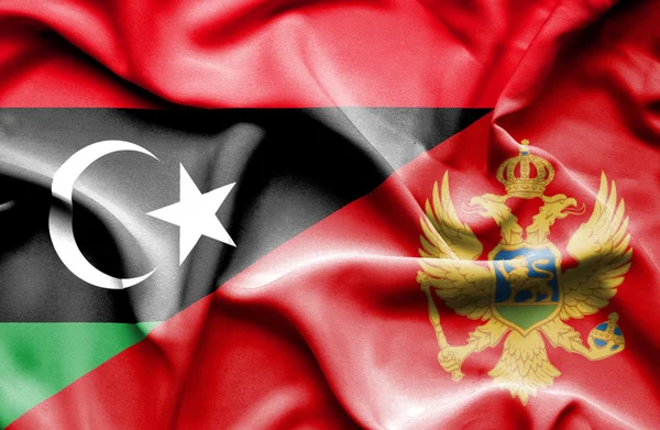 Vlající vlajka Černé hory a Libye — Stock fotografie