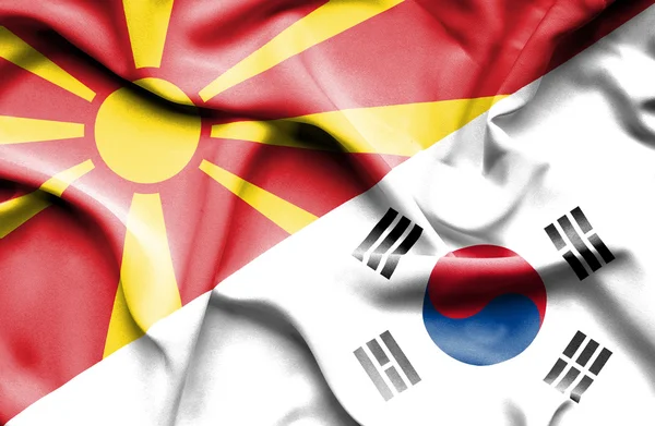 Waving flag of South Korea and Macedonia — Stock Photo, Image