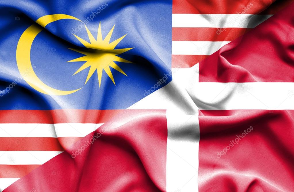 Waving flag of Denmark and Malaysia
