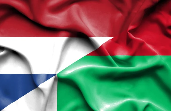 Wapperende vlag van Madagaskar en Nederland — Stockfoto