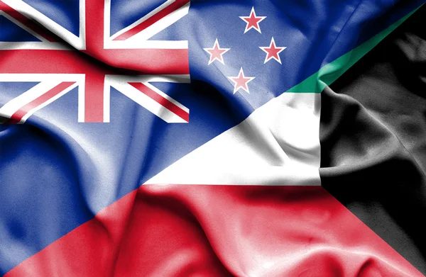 Wapperende vlag van Koeweit en Nieuw-Zeeland — Stockfoto
