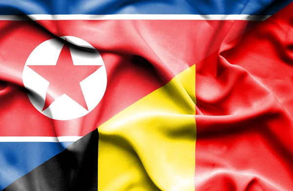 Flagge Belgiens und Nordkoreas schwenken — Stockfoto