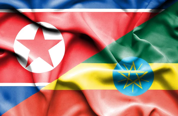 Flaggen von Äthiopien und Nordkorea schwenken — Stockfoto