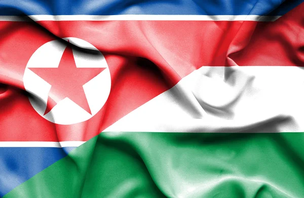 Flagge Ungarns und Nordkoreas schwenken — Stockfoto