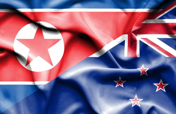 Waving flag of New Zealand and North Korea — Stock Photo, Image