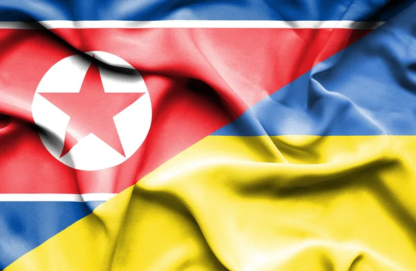 Bandeira ondulada da Ucrânia e, Coreia do Norte, bandeira da Coreia do Norte, Norte — Fotografia de Stock