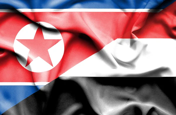 Bandeira ondulada do Iêmen e da Coreia do Norte — Fotografia de Stock