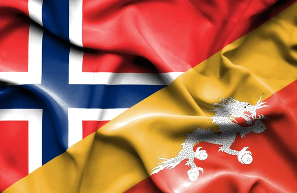 Vlající vlajka Bhútánu a Norska — Stock fotografie