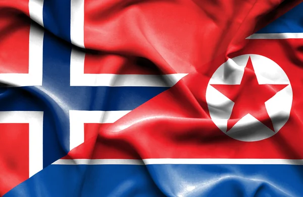 Bandera ondeante de Corea del Norte y Noruega — Foto de Stock