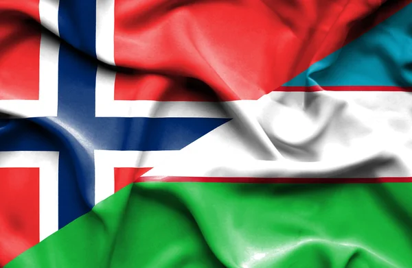 Bandeira ondulada do Uzbequistão e da Noruega — Fotografia de Stock