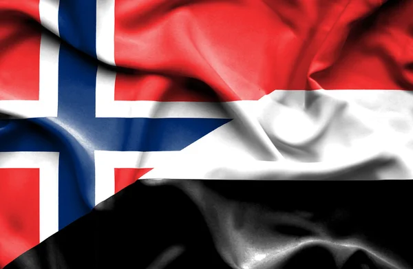 Waving flag of Yemen and Norway — Stock Photo, Image