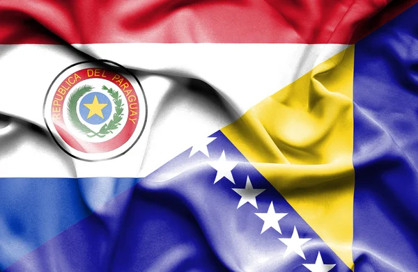 波斯尼亚和黑塞哥维那和巴拉圭那飘扬的旗帜 — 图库照片