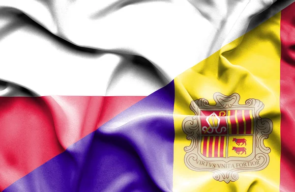 Waving flag of Andorra and Poland — Stock Photo, Image