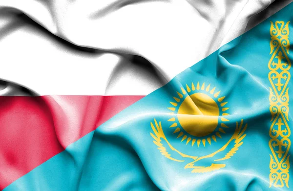 Bandeira ondulada do Cazaquistão e da Polónia — Fotografia de Stock