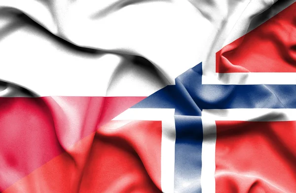 Flagge Norwegens und Polens schwenken — Stockfoto