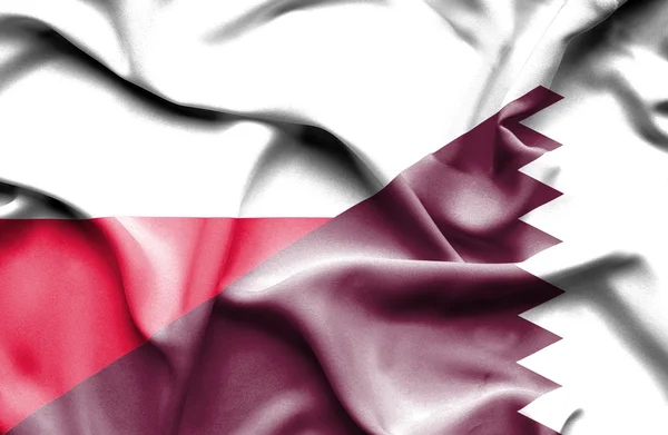 Waving flag of Qatar and Poland — Stock Photo, Image