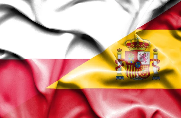 Waving flag of Spain and Poland — Stock Photo, Image