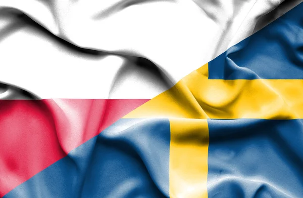 Waving flag of Sweden and Poland — Stock Photo, Image