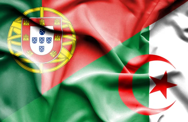 Waving flag of Algeria and Portugal — Stock Photo, Image