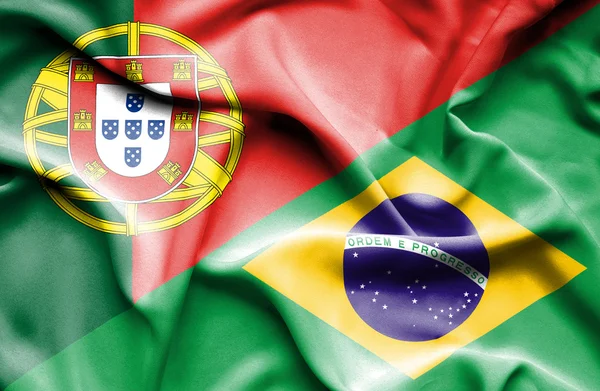 Waving flag of Brazil and Portugal — Stock Photo, Image