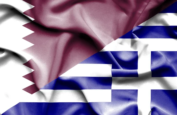 Waving flag of Greece and Qatar — Stock Photo, Image